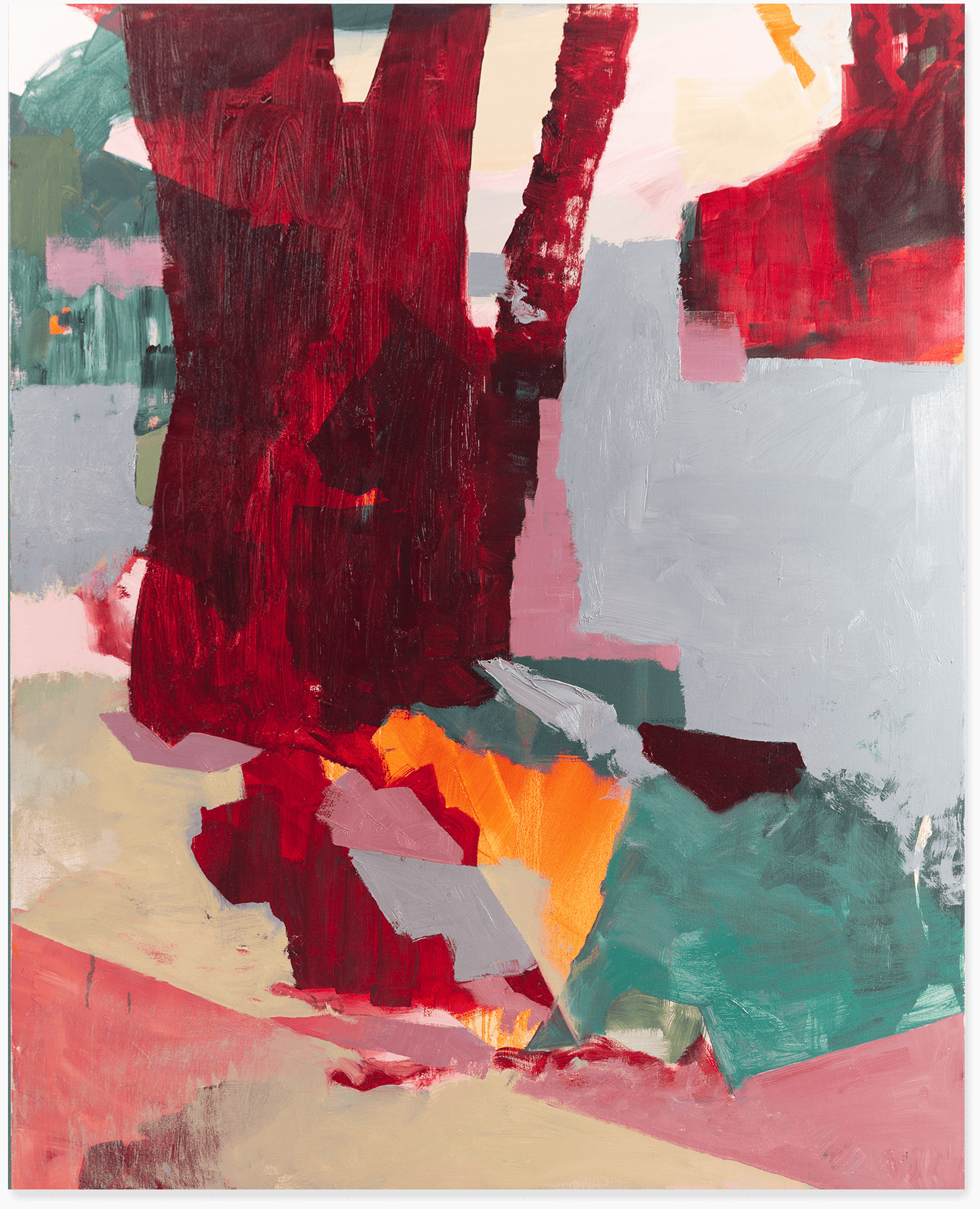 An abstract oil painting in transparent red, green, tans and orange