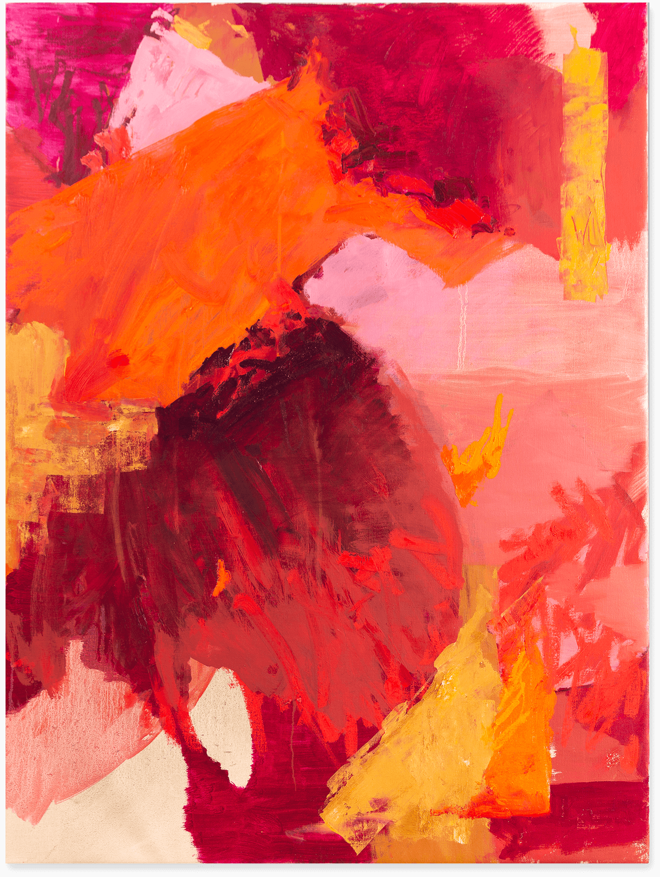 An abstract oil painting in red, orange, ochre and pink