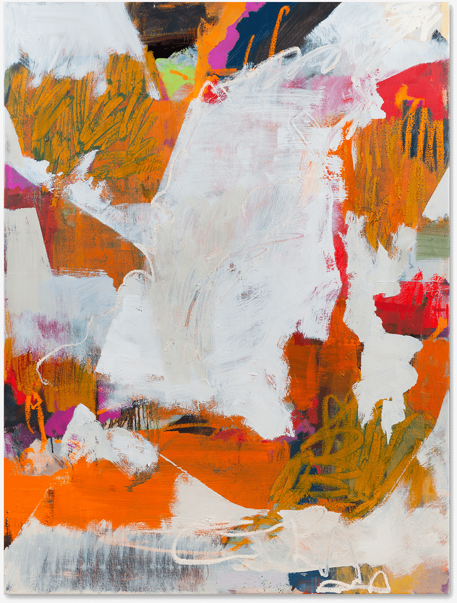 An abstract oil painting in orange, ochre and white