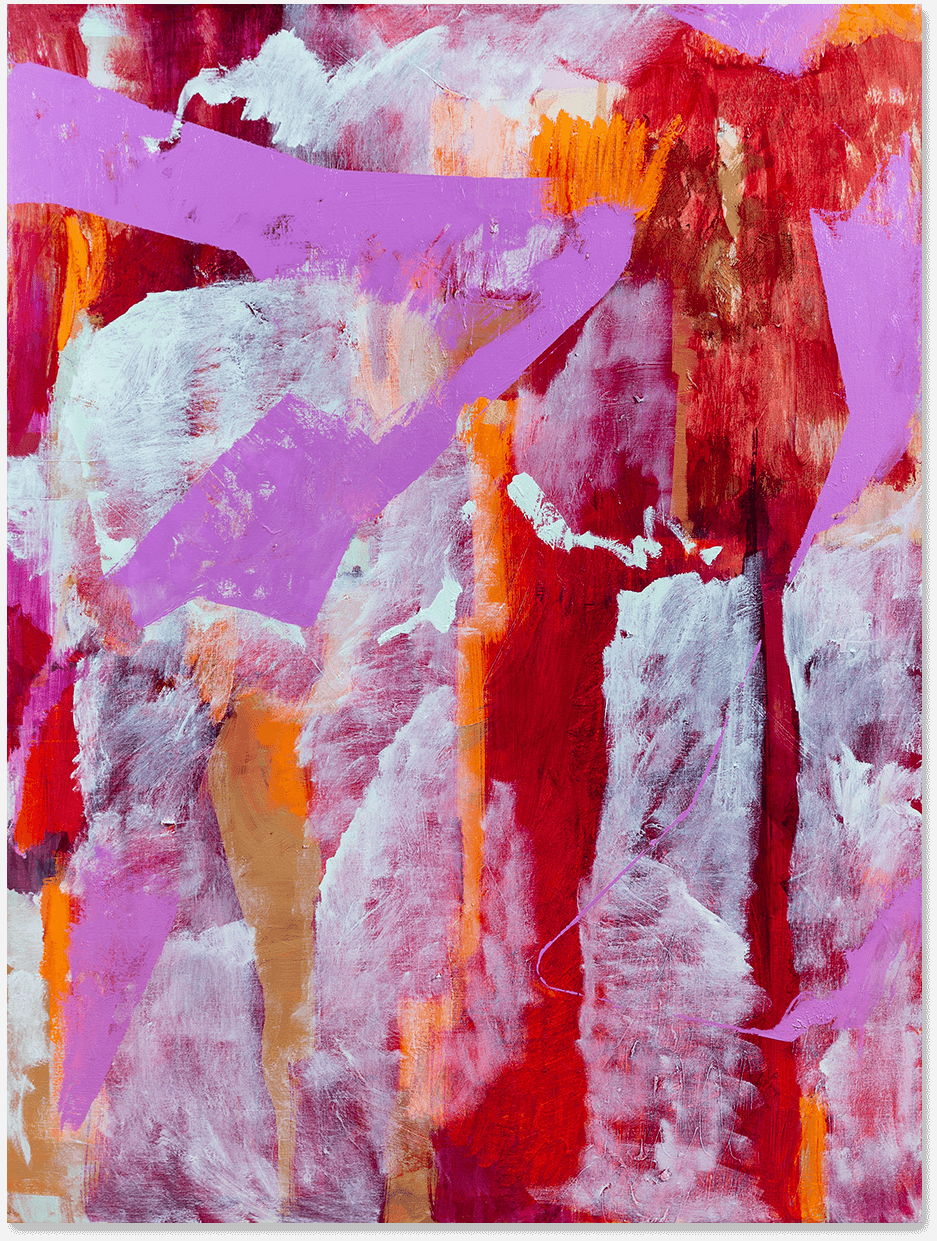 An abstract oil painting in red, orange, purple and white