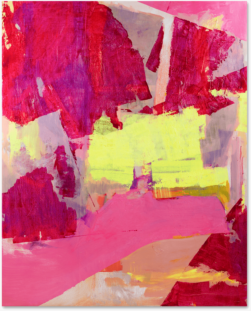 An abstract oil painting in yellow, pink and transparent reds