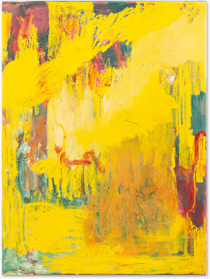 An abstract oil painting primarily in yellow, exploring gestures and surfaces