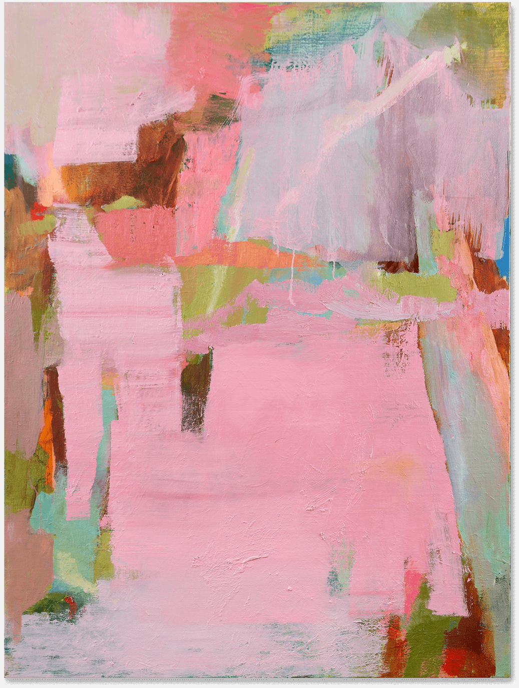 An abstract oil painting primarily in pink, but with many other interlaced colors