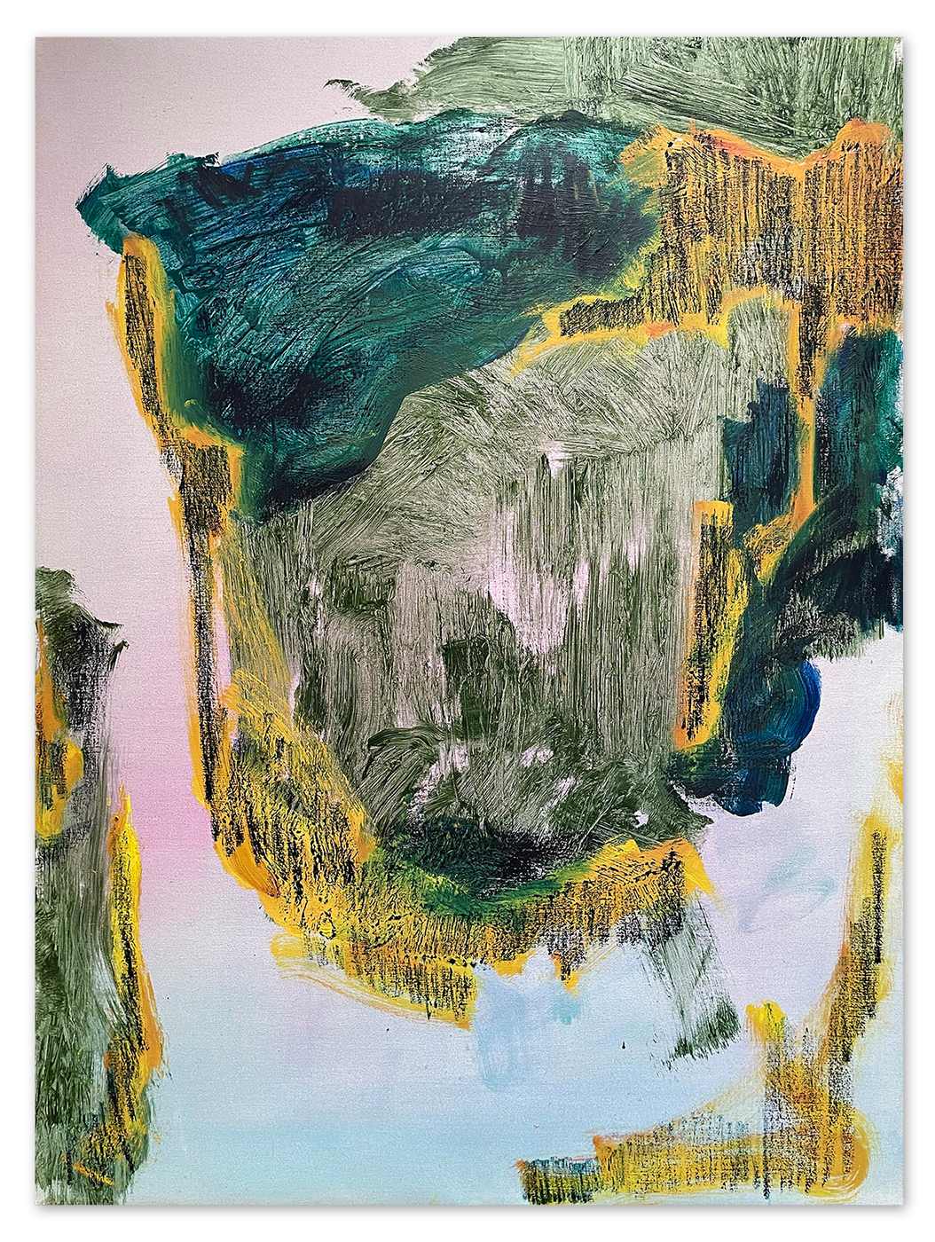 An abstract oil painting in yellow, green and pink