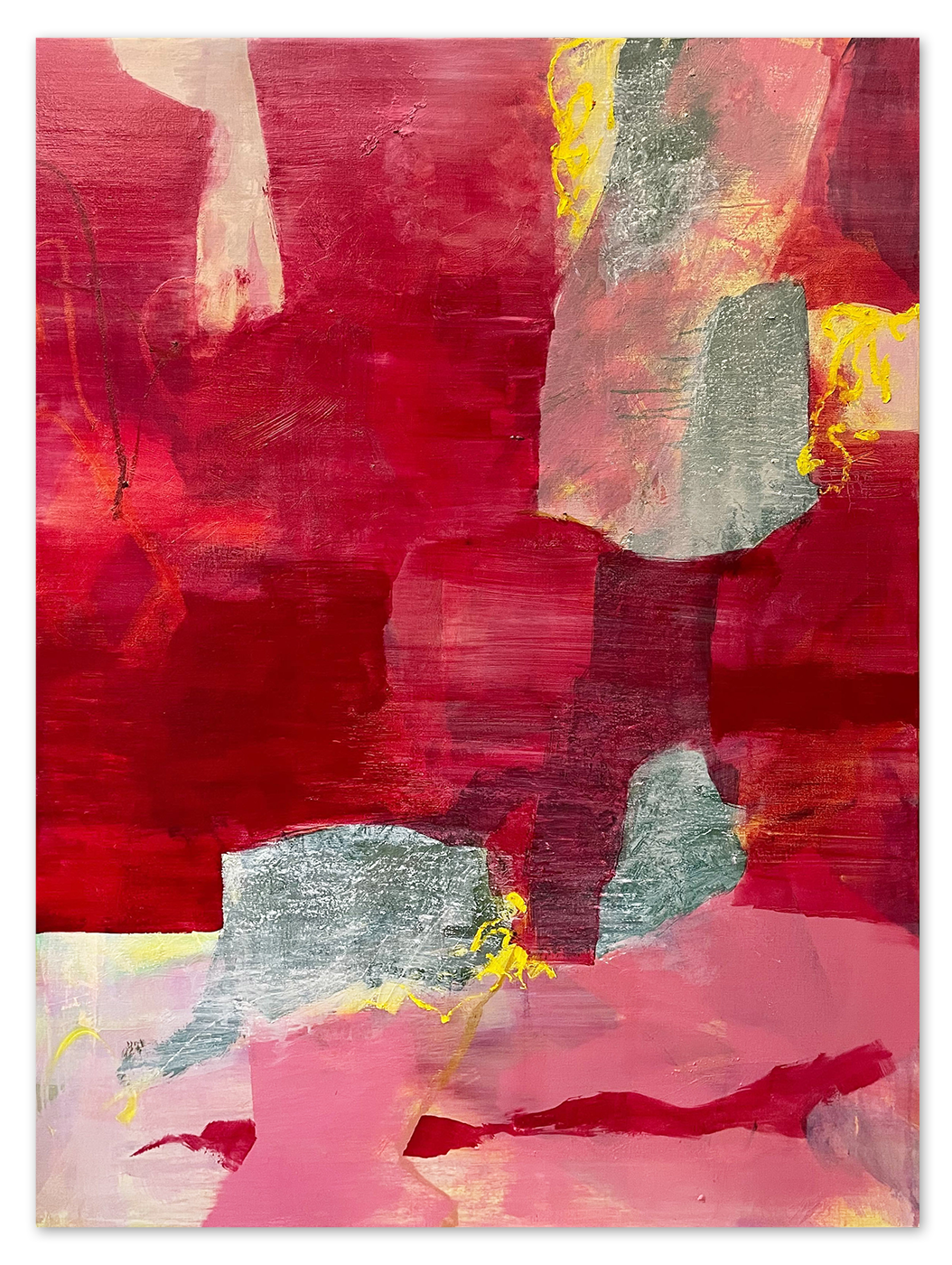 An abstract oil painting in yellow, pink and transparent reds