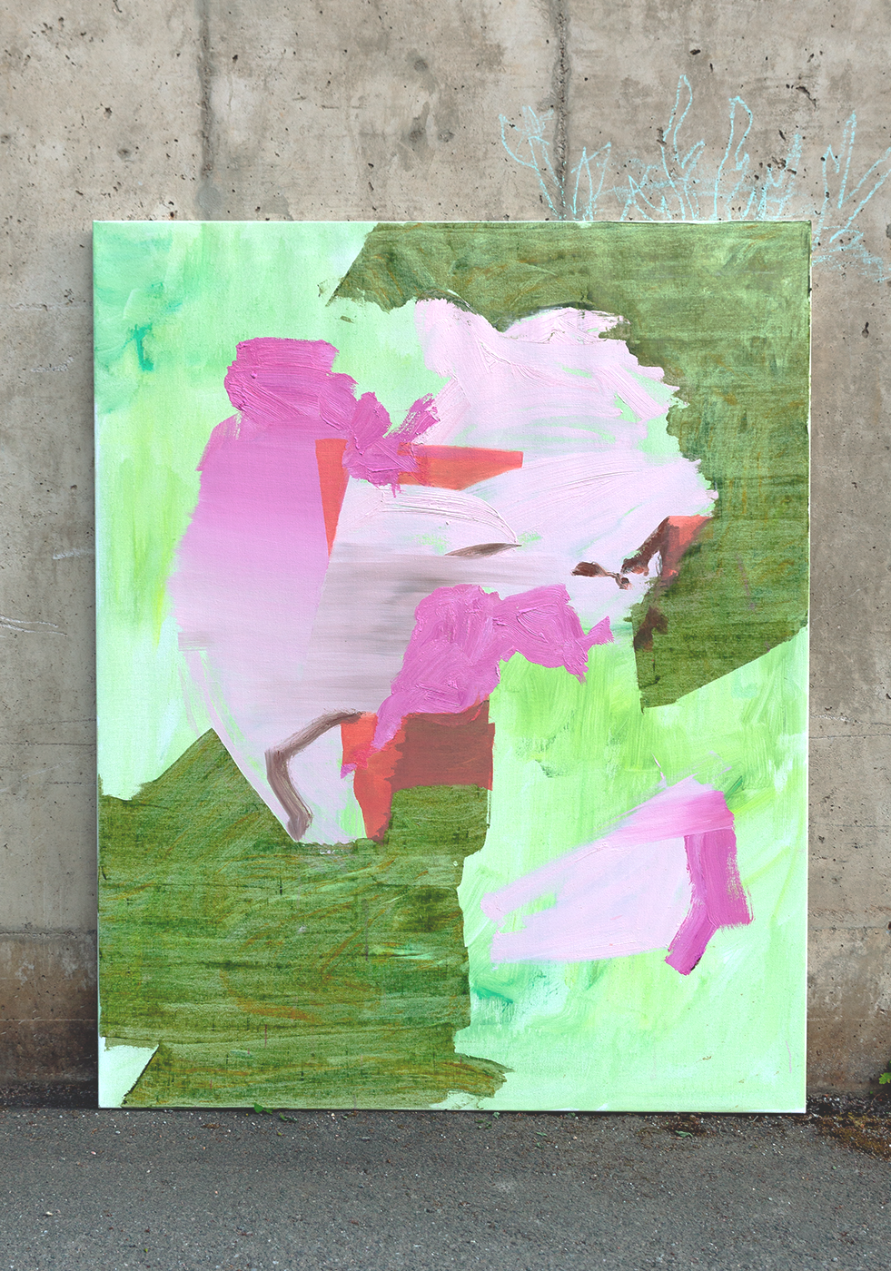 An abstract oil painting in greens and pinks, first in a series of three