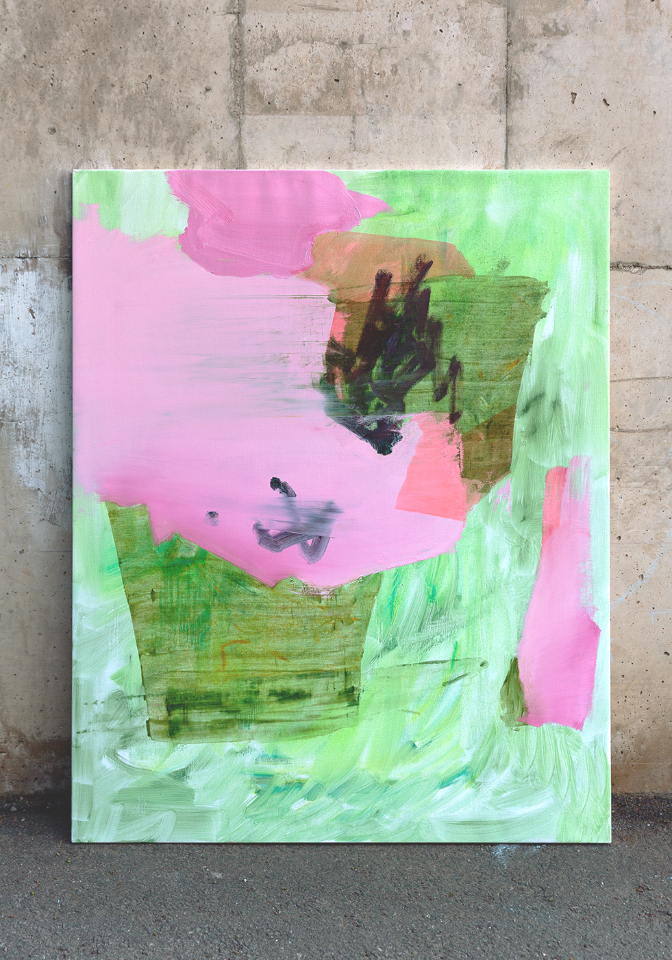 An abstract oil painting in greens and pinks, third in a series of three