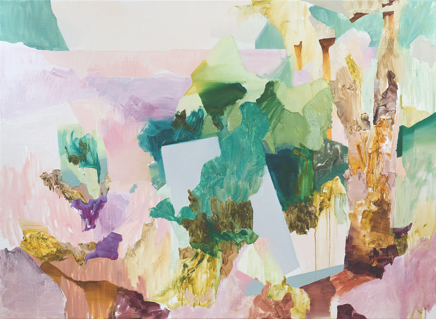 An abstract oil painting in greens, purples, pinks with prismatic effects