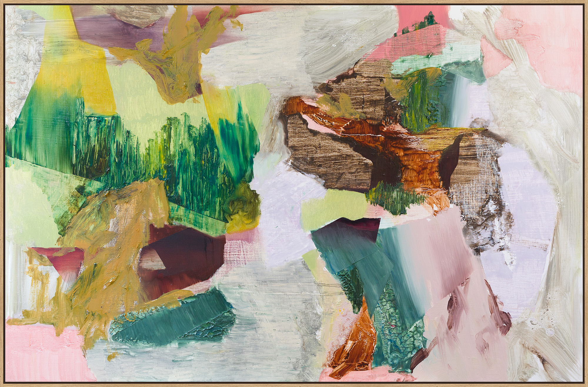 An abstract oil painting in greys, purples, pinks and oranges with prismatic effects