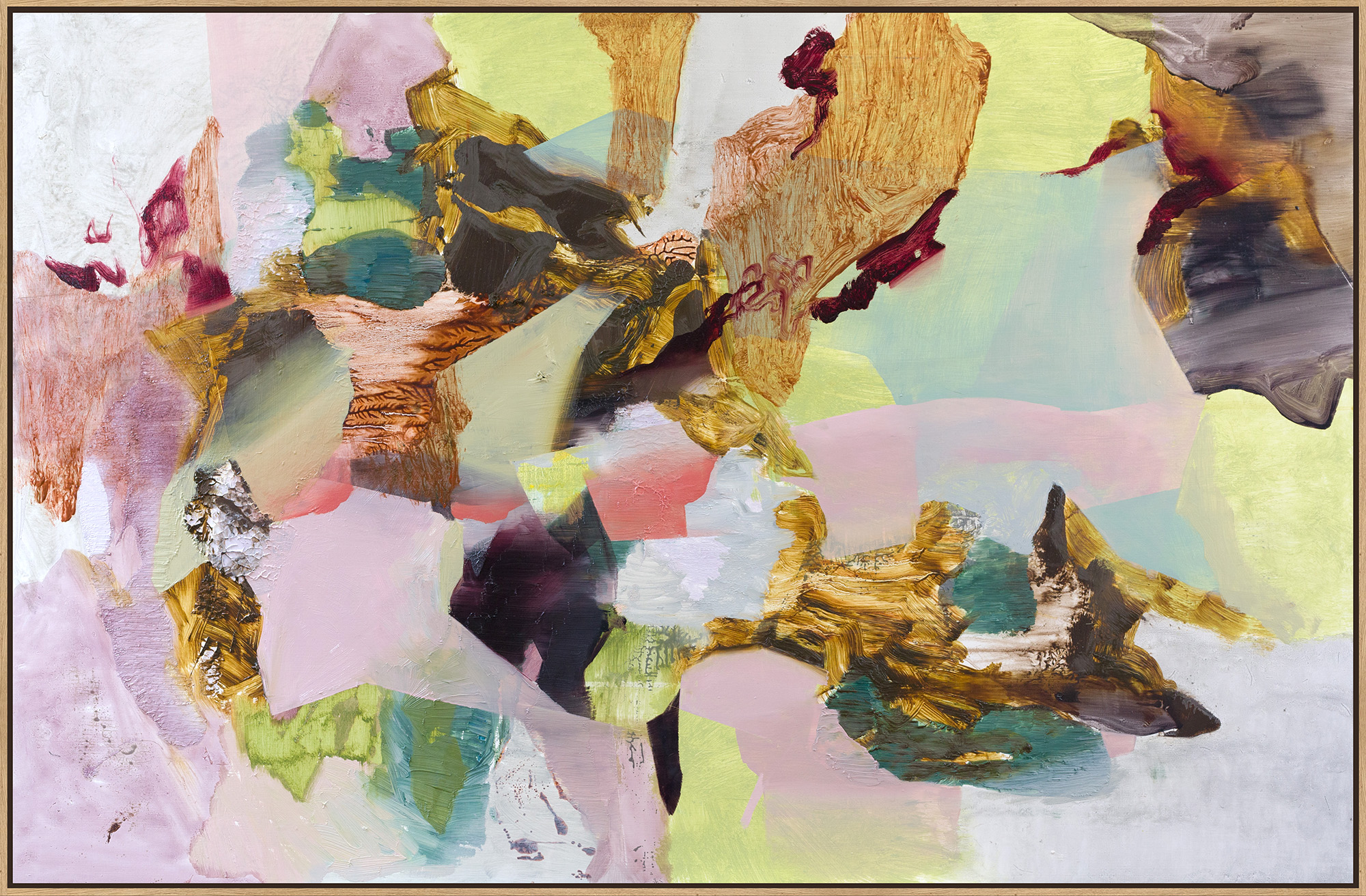 An abstract oil painting in greys, purples, pinks and oranges with prismatic effects
