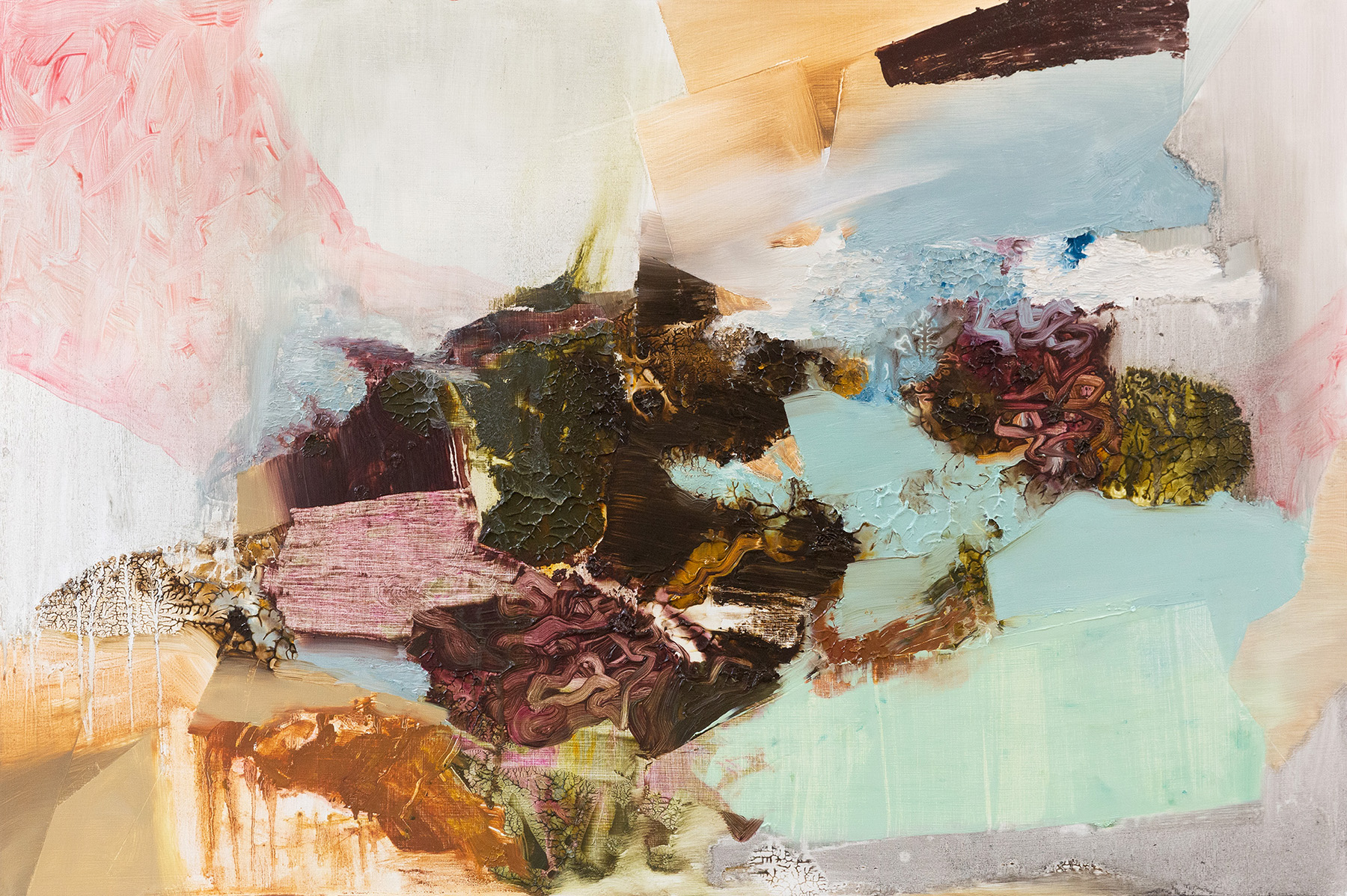 An abstract oil painting in greys, purples, pinks and oranges with prismatic effects