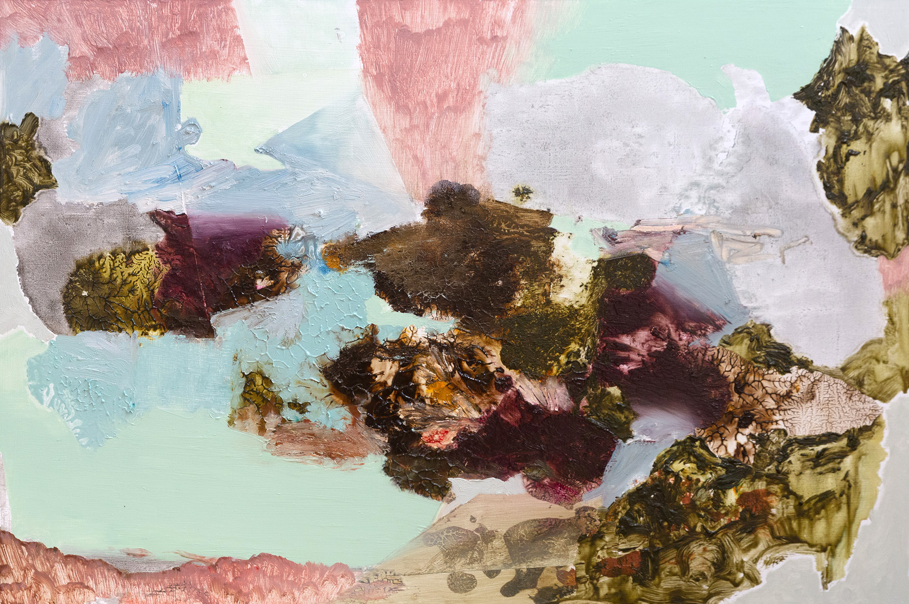 An abstract oil painting in greys, purples, pinks and oranges with prismatic effects