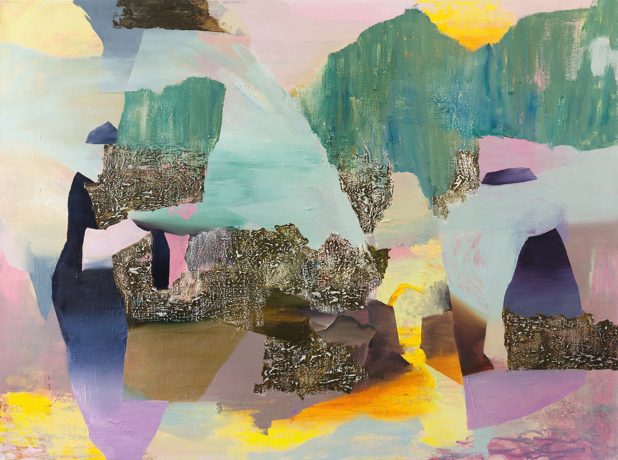 An abstract oil painting in greys, purples, pinks and oranges with prismatic effects