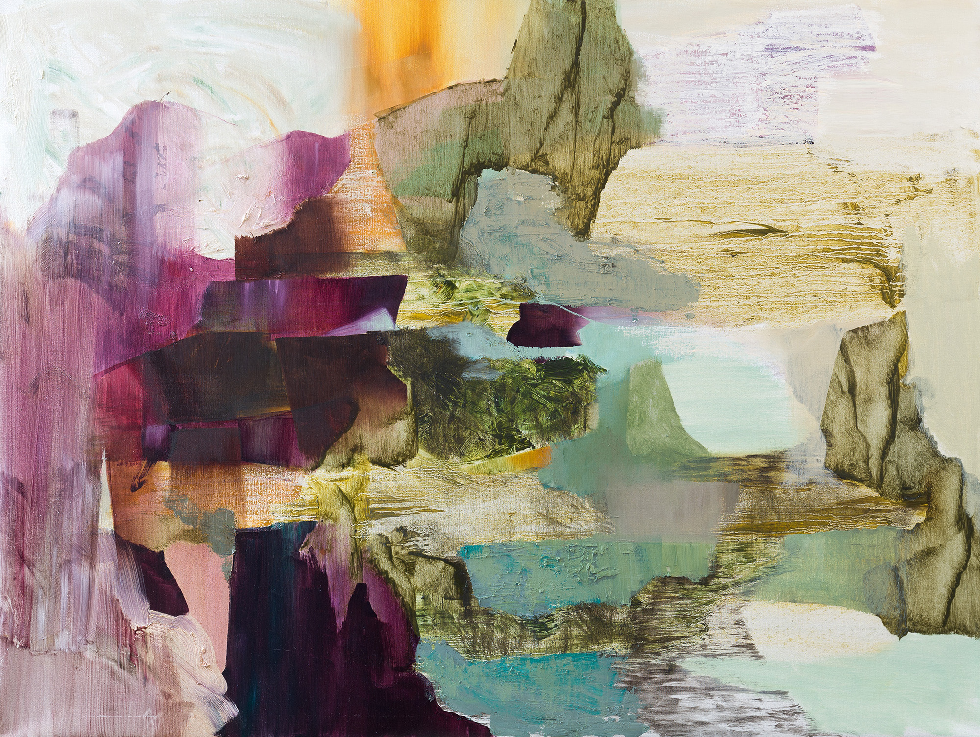 An abstract oil painting in greys, purples, pinks and oranges with prismatic effects