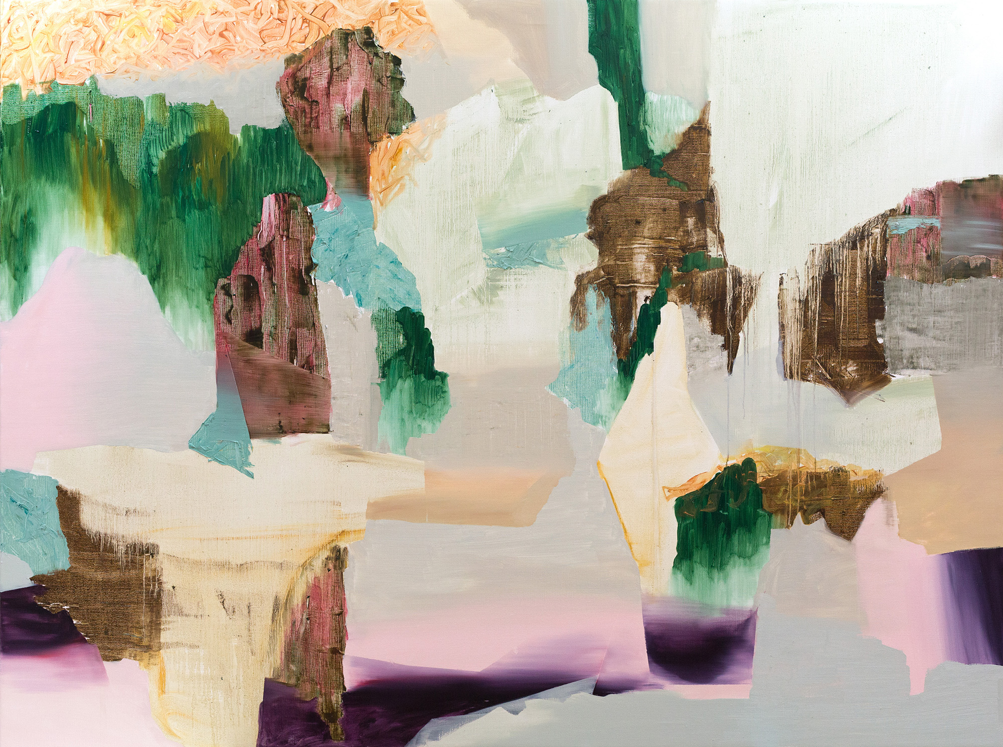 An abstract oil painting in greys, purples, pinks and oranges with prismatic effects