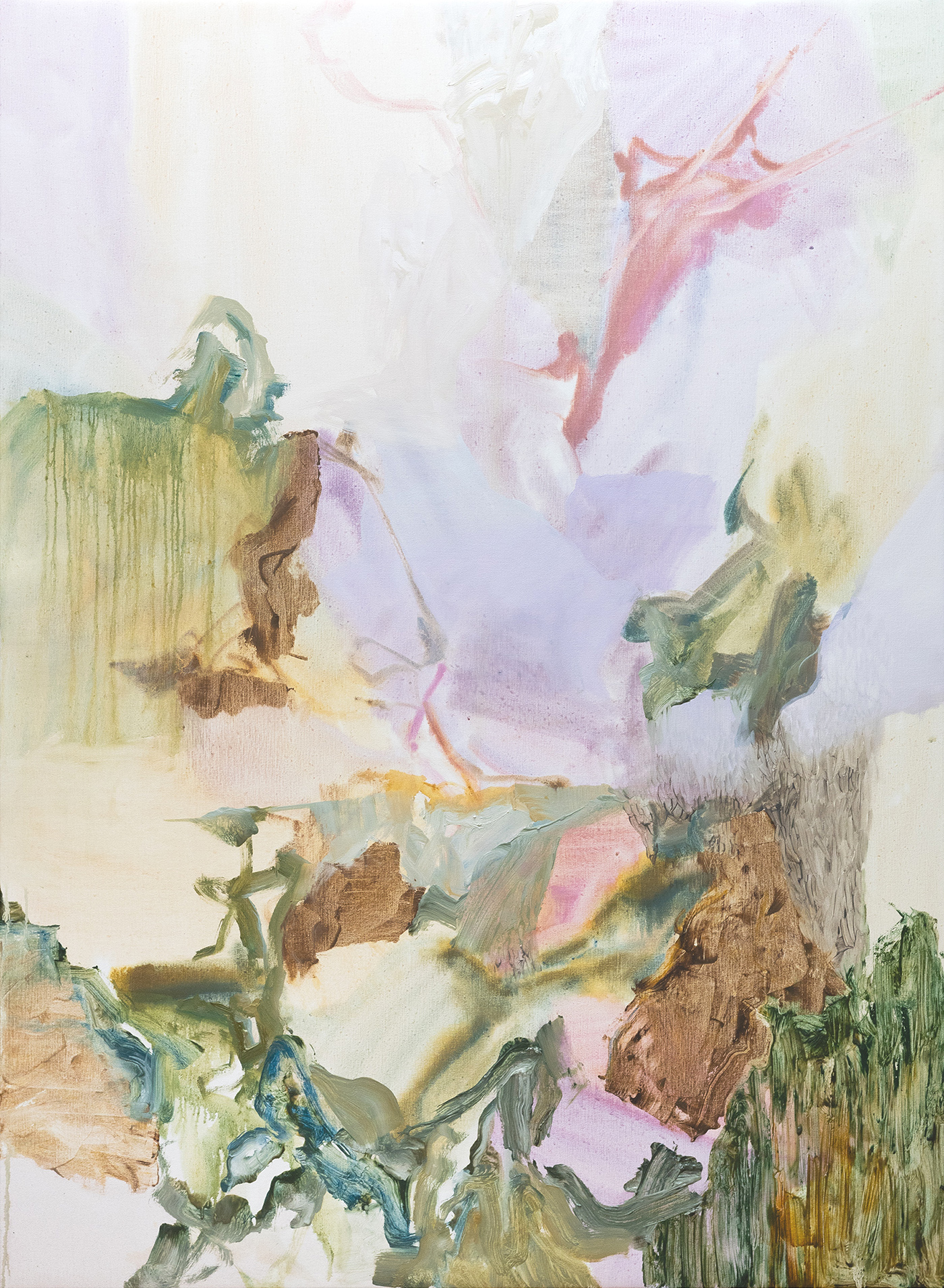 An abstract oil painting in greens and pinks