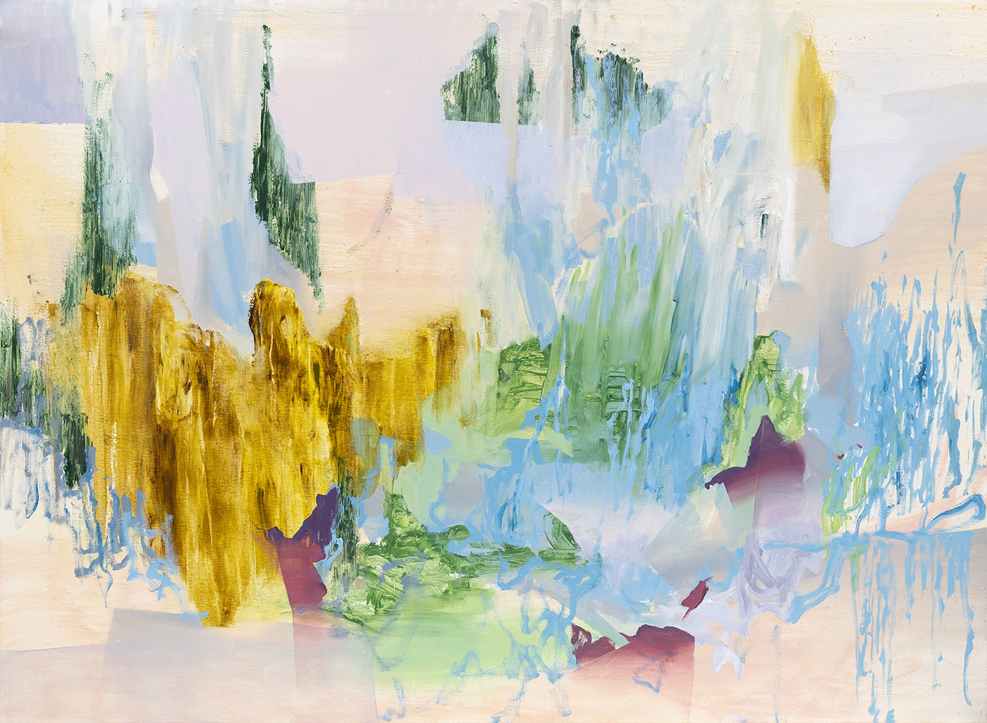 An abstract oil painting in blues and earth colors.