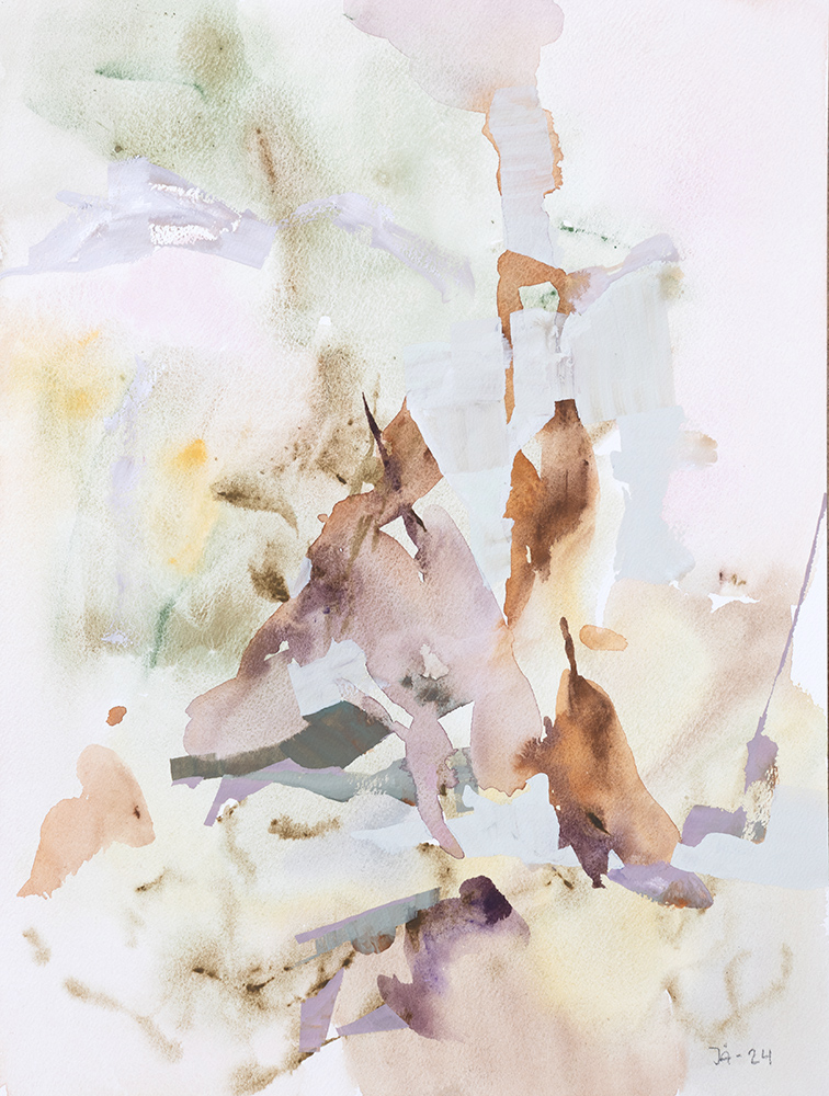 An abstract gouache painting in greys, purples, pinks and earth colors