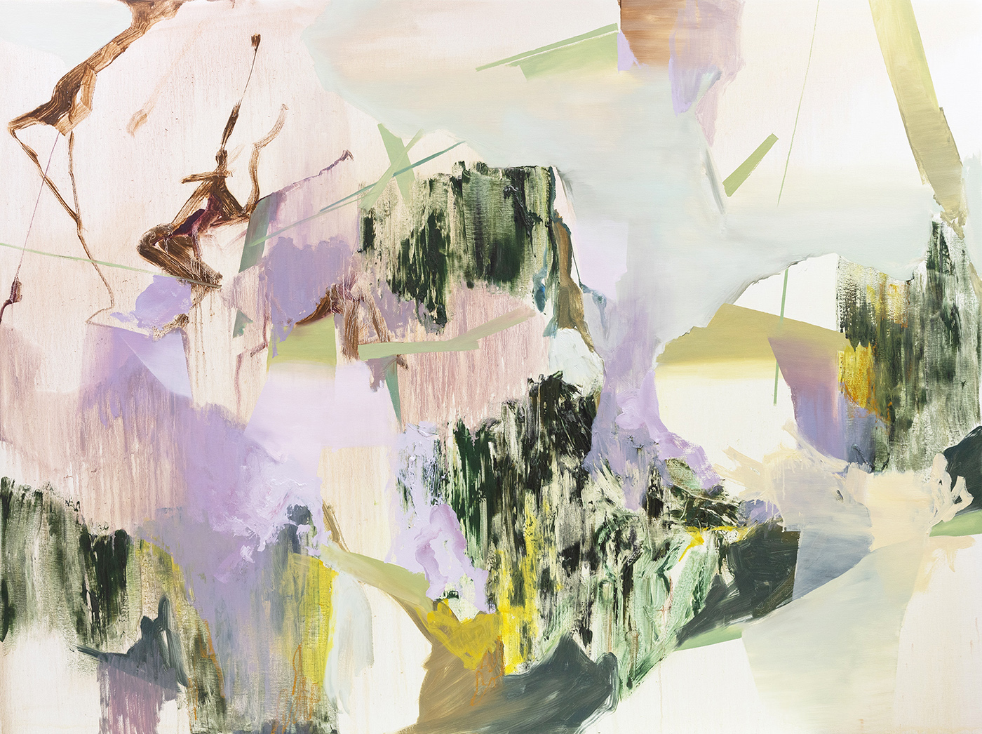 An abstract oil painting in greens, purples and yellows