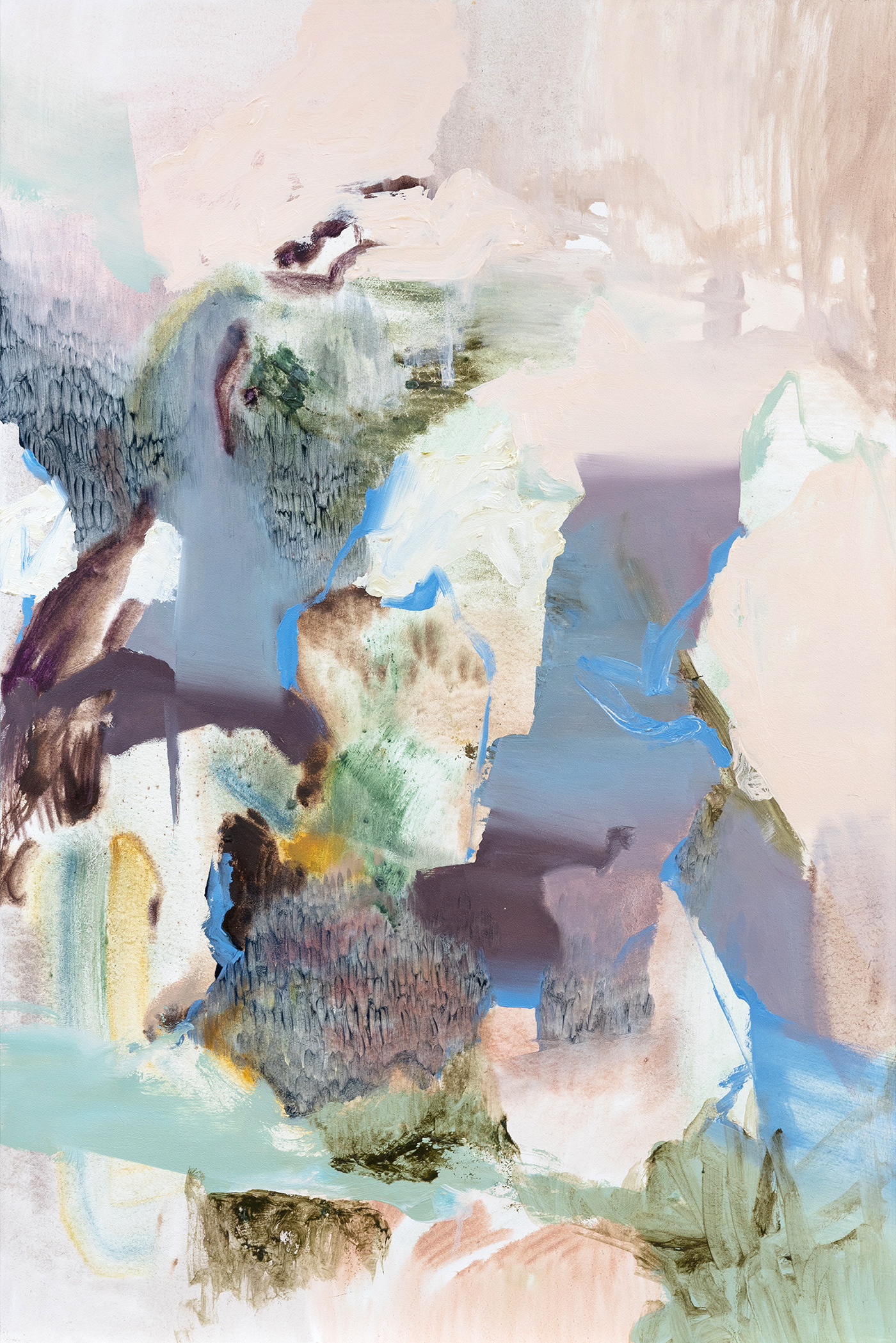 An abstract oil painting in greys, pinks and purples
